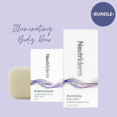 Neutriderm Illuminating Body Duo with soap bar and lotion on a purple background