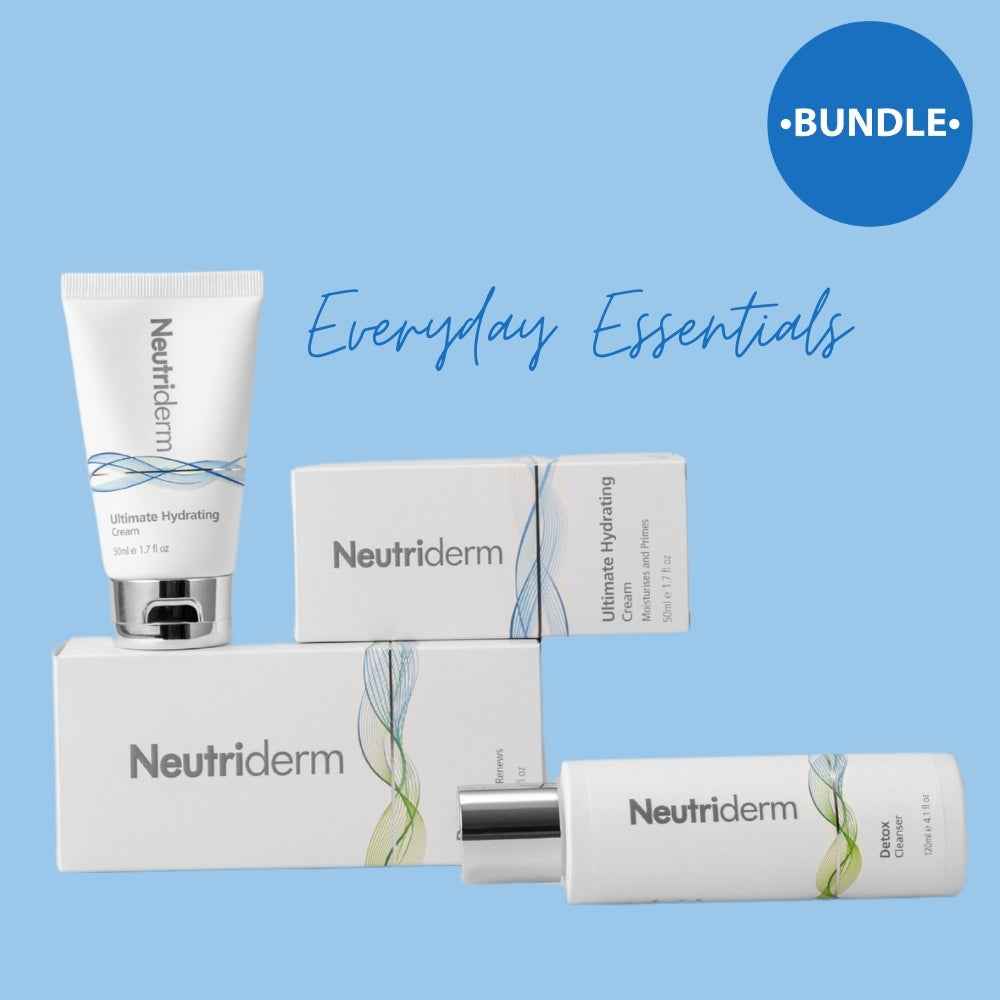 Neutriderm essential bundles, including a tube, box, and bottle on a blue background.