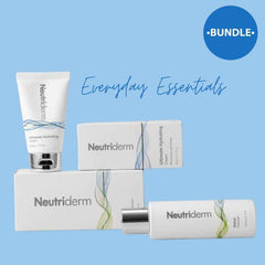 Neutriderm essential bundles, including a tube, box, and bottle on a blue background.