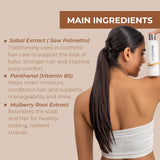 A woman with long hair holding a bottle of Neutriderm Hair Enhancer Shampoo, with text on the main ingredients.