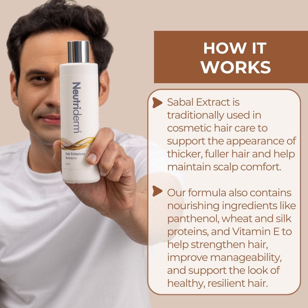 Man holding Neutriderm Hair Enhancer Shampoo with text about Sabal Extract benefits on a beige background