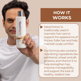 Man holding Neutriderm Hair Enhancer Shampoo with text about Sabal Extract benefits on a beige background