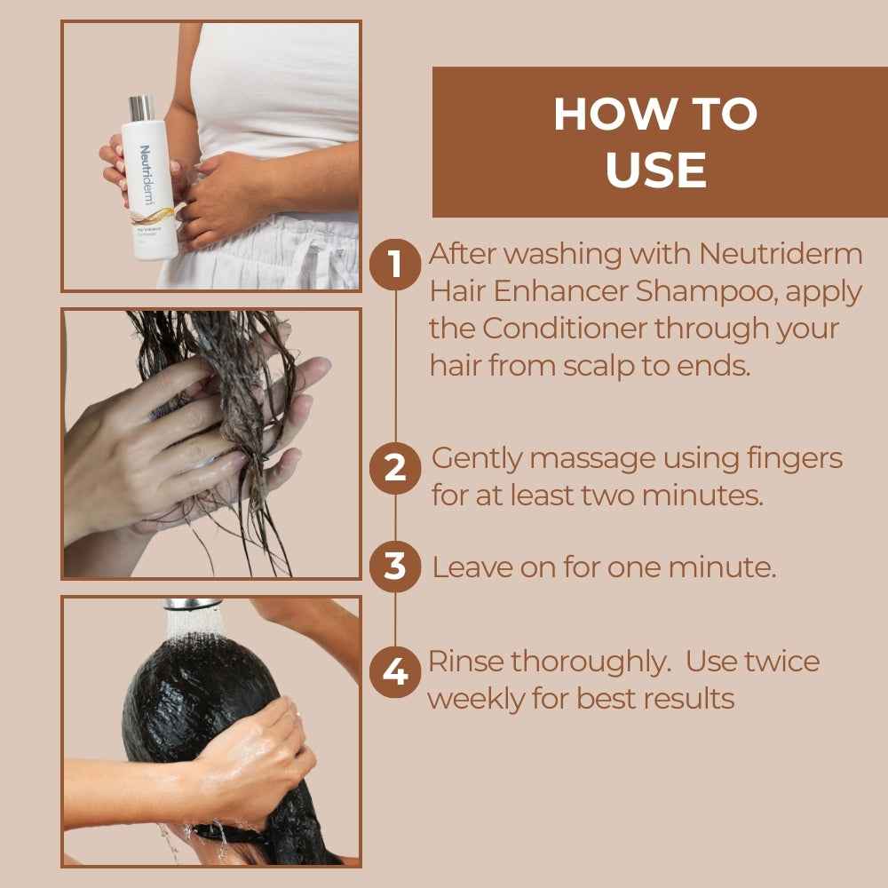 Instructions on how to use Neutriderm Hair Enhancer Shampoo and Conditioner with step-by-step visuals.