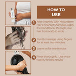 Instructions on how to use Neutriderm Hair Enhancer Shampoo and Conditioner with step-by-step visuals.