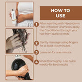 Instructions on how to use Neutriderm Hair Enhancer Shampoo and Conditioner with step-by-step visuals.