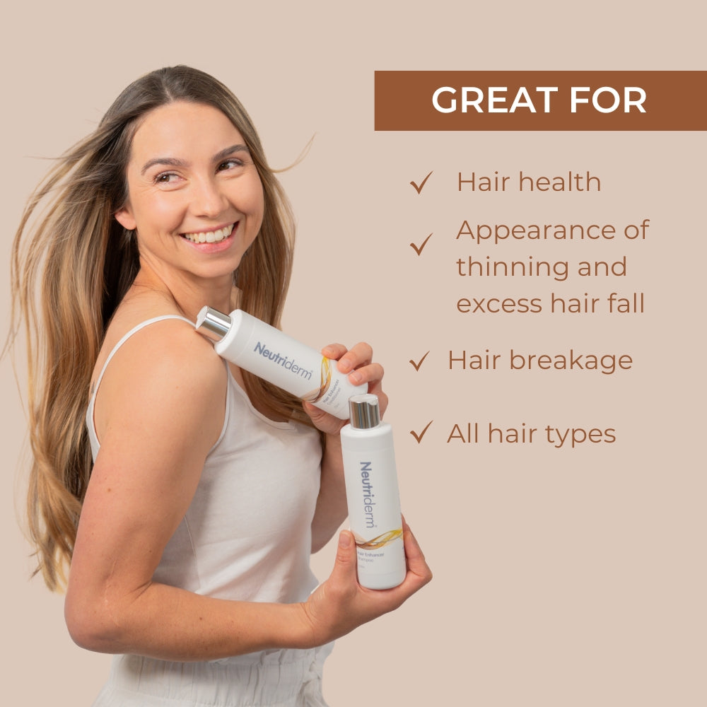 Woman holding Neutriderm Hair Enhancer Shampoo with text highlighting product benefits on a beige background