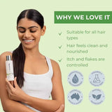 Woman holding a bottle of Neutriderm Anti Dandruff Shampoo with text on a green background
