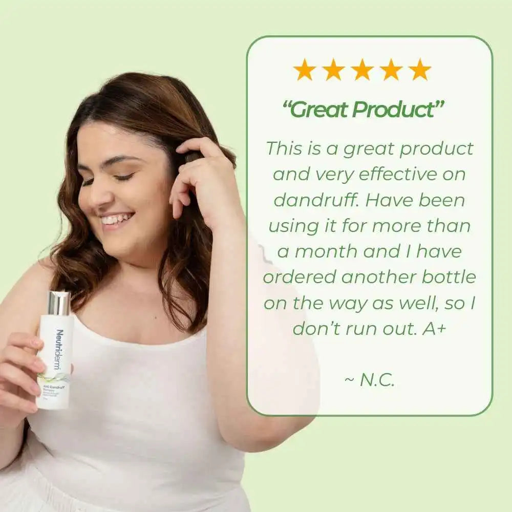 Woman holding a Neutriderm Anti Dandruff Shampoo with a five-star review on a light green background