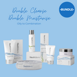 A skincare bundle by Neutriderm including various products such as a cleansing balm, detox cleanser, hydrating cream, and moisturising lotion, packaged in bottles and a headband, with the brand's logo and text on the packaging.