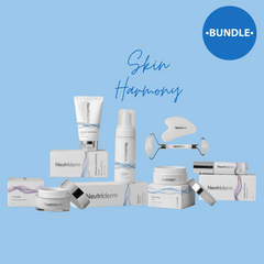 A variety of skincare products including cleansing balm, vitamin E, ceramide NP, soybean oil, foaming cleanser, niacinamide, panthenol, ascorbic acid, a C scrub, copper activator, and an ultimate hydrating cream, packaged in various sizes and containers with a 'SKIN HARMONY' label on the packaging.