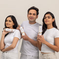 a group of models , each holding one of the  Neutriderm hair enhancer prodducts