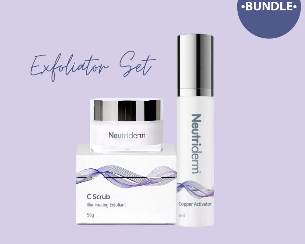 Main product image of the Neutriderm Exfoliator Set Vitamin C Scrub  and Copper Activator Serum with product outside of presentation box.