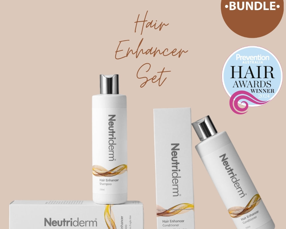 Main product image of the Neutriderm Hair Enhancer Set including Hair Enhancer Shampoo and Conditioner, products outside the presentation box.