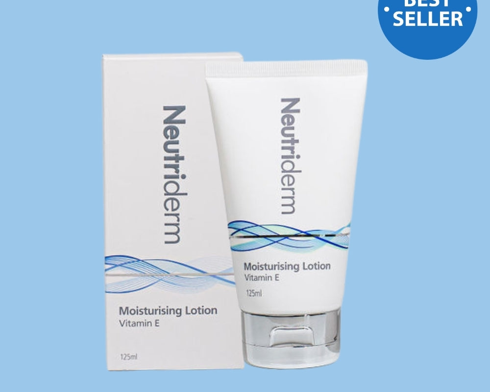 125ml tube of Neutriderm Moisturising Lotion with Vitamin E, packaging displayed alongside, labeled as a Best Seller. 