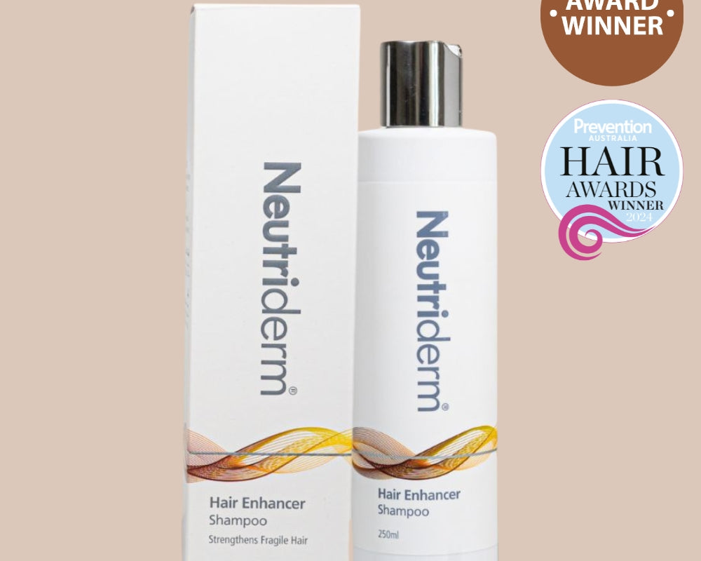 250ml bottle of Neutriderm Hair Enhancer Shampoo with packaging, featuring award winner badges. 