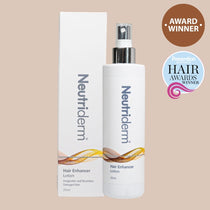 Neutriderm Hair Enhancer Lotion, 250ml, with packaging displayed and featuring the Prevention Healthy Hair Awards Winner badge for hair enhancement.