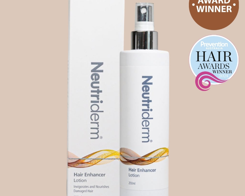 Neutriderm Hair Enhancer Lotion, 250ml, with packaging displayed and featuring the Prevention Healthy Hair Awards Winner badge for hair enhancement.