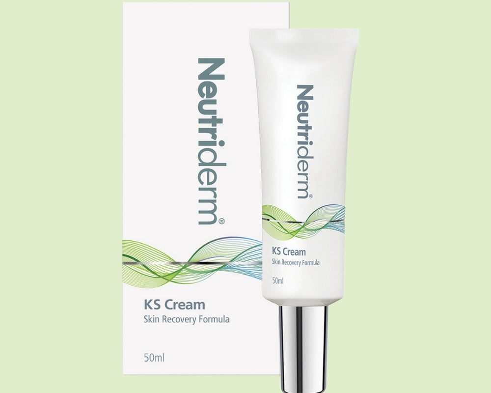 Neutriderm KS Cream, 50ml, displayed with packaging, designed to reduce the appearance of scars and promote skin renewal. 