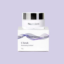 Neutriderm C Scrub, 50g, displayed with packaging, formulated as an illuminating exfoliant for rejuvenated skin. 