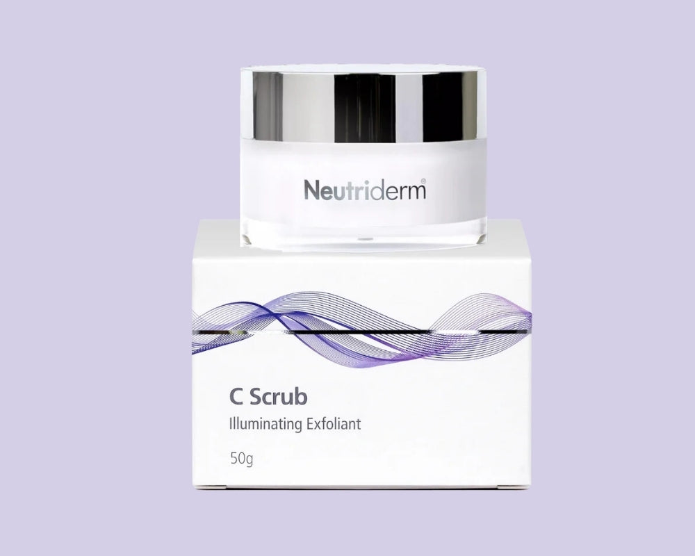 Neutriderm C Scrub, 50g, displayed with packaging, formulated as an illuminating exfoliant for rejuvenated skin. 