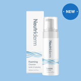 Neutriderm Foaming Cleanser 150ml bottle and box with a 'New' badge, designed for gentle and hydrating skin cleansing. 