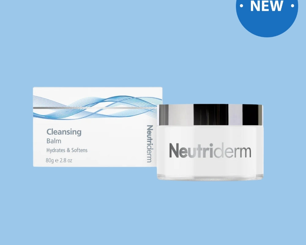 Neutriderm Cleansing Balm with packaging, displayed against a light blue background with a 'New' badge. 