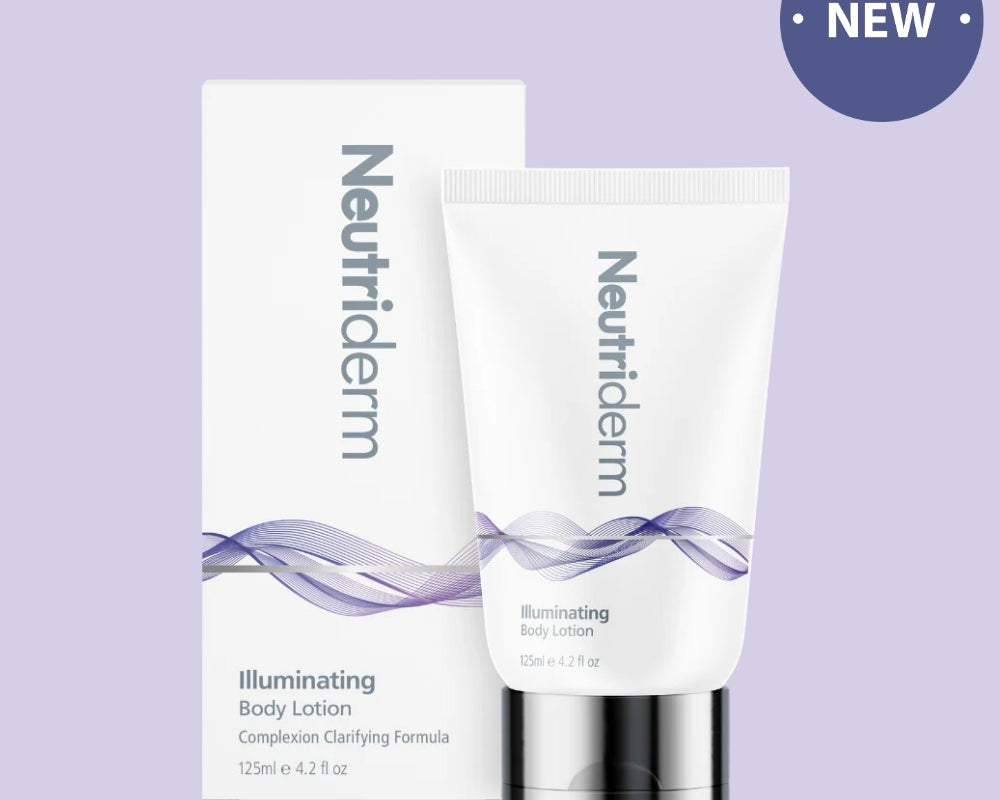 Neutriderm Illuminating Body Lotion in a sleek white tube with purple wave accents on a purple background, featuring a New badge.