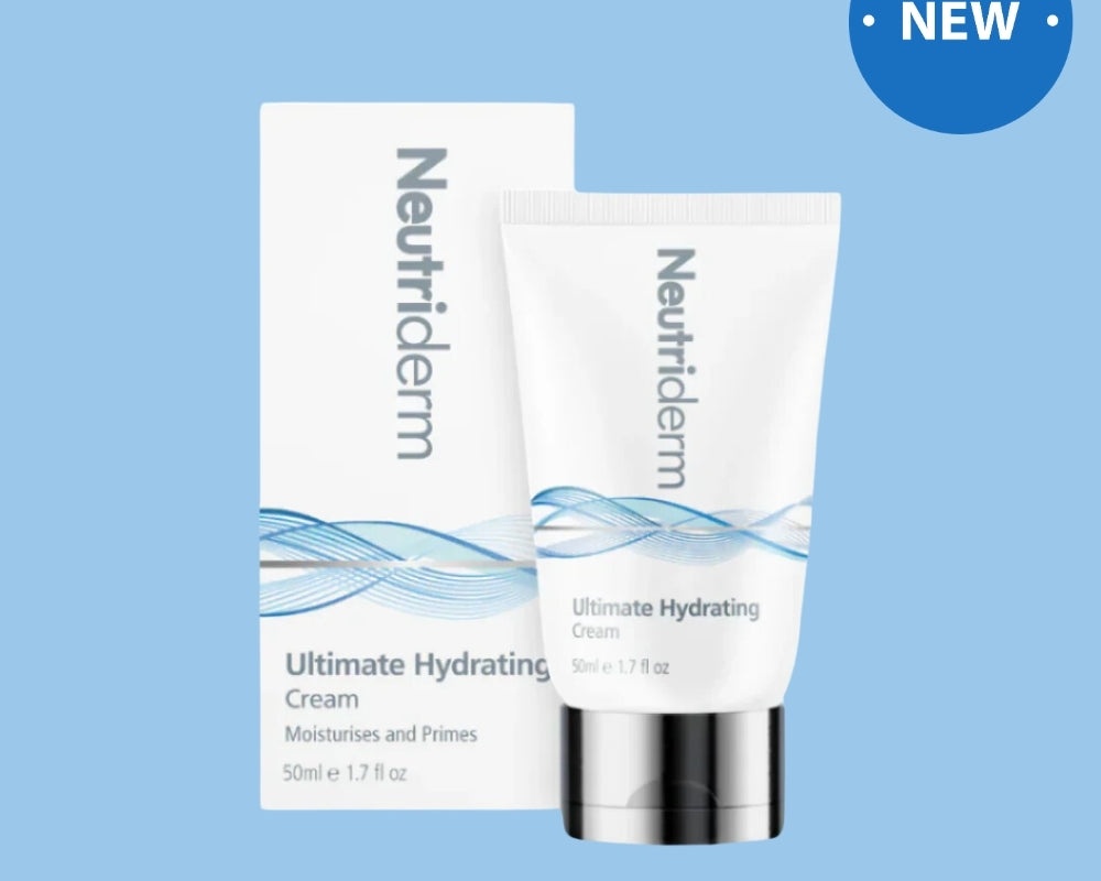 The Ultimate Hydrating Cream bottle displayed on a light blue background with a small New label on the top right corner. 