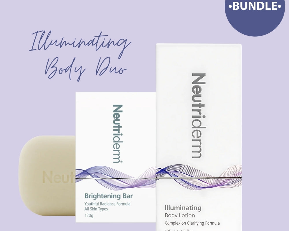 Main product image of the Neutriderm Illuminating Body Duo with the Brightening bar behind the presentation box.