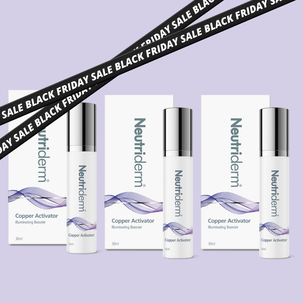 Promotional image for Neutriderm Copper Activator Illuminating Booster, featuring three bottles with packaging against a purple background, crossed by a Black Friday Sale ribbon