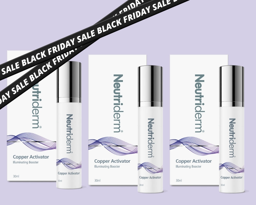 Promotional image for Neutriderm Copper Activator Illuminating Booster, featuring three bottles with packaging against a purple background, crossed by a Black Friday Sale ribbon