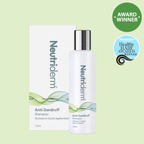 Neutriderm Anti-Dandruff Shampoo, 120ml, with packaging displayed and featuring the Prevention Healthy Hair Awards Winner badge.