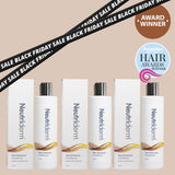 Promotional image for Neutriderm Hair Enhancer Conditioner, featuring three bottles with packaging against a beige background. Black Friday Sale ribbon crosses the top, with award badges indicating it as a 2024 Hair Awards winner and an award-winning product.