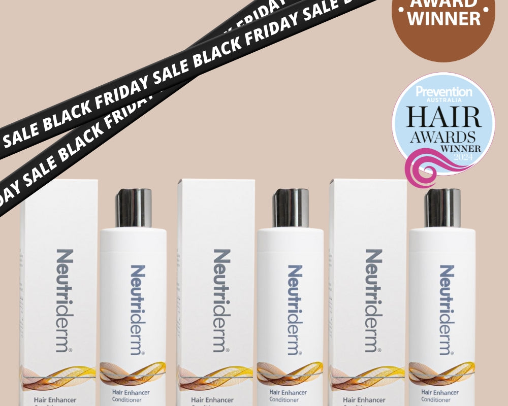 Promotional image for Neutriderm Hair Enhancer Conditioner, featuring three bottles with packaging against a beige background. Black Friday Sale ribbon crosses the top, with award badges indicating it as a 2024 Hair Awards winner and an award-winning product.