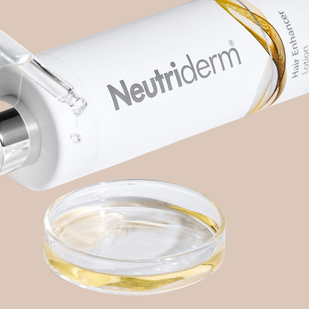 Neutriderm Hair Enhancer Lotion, 250ml, with a dropper releasing the lotion into a glass dish, showcasing its texture. 