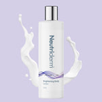 Neutriderm Brightening Body Lotion bottle displayed with a swatch, showcasing its smooth texture.