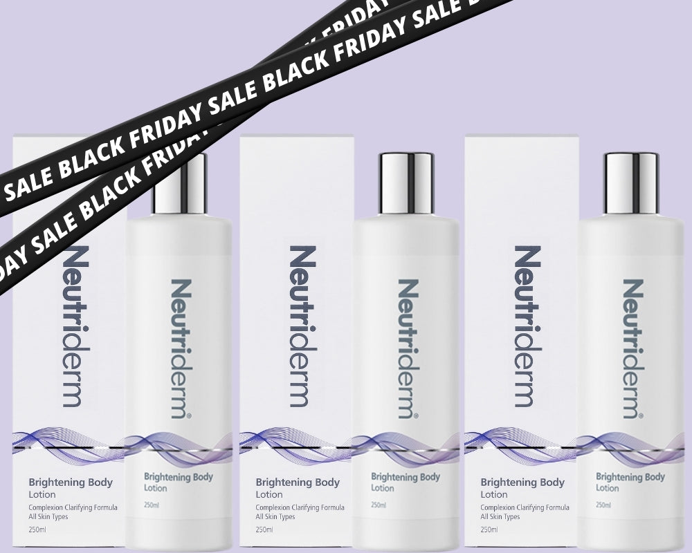 Promotional image for Neutriderm Brightening Body Lotion featuring three bottles with packaging against a purple background, crossed by a Black Friday Sale ribbon.