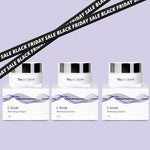 Promotional image for Neutriderm C Scrub Illuminating Exfoliant, featuring three jars with packaging against a purple background. Black Friday Sale ribbon crosses the top.