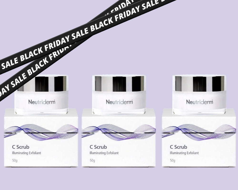 Promotional image for Neutriderm C Scrub Illuminating Exfoliant, featuring three jars with packaging against a purple background. Black Friday Sale ribbon crosses the top.