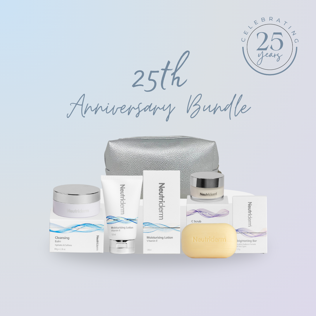 Neutriderm 25th Anniversary Bundle including Brightening Bar, Moisturising Lotion, C Scrub, Cleansing Balm, and Celebration Silver Pouch on a light blue background with '25th Anniversary Bundle' text.