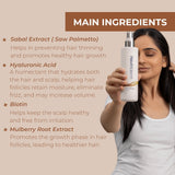 Neutriderm Hair Enhancer Lotion with main ingredients highlighted: Sabal Extract, Hyaluronic Acid, Biotin, and Mulberry Root Extract. 