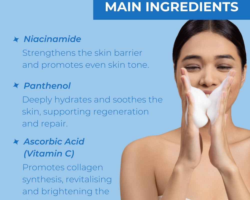 Woman applying Neutriderm Foaming Cleanser with bubbles on her face, highlighting ingredients: Niacinamide, Panthenol, and Ascorbic Acid (Vitamin C). 