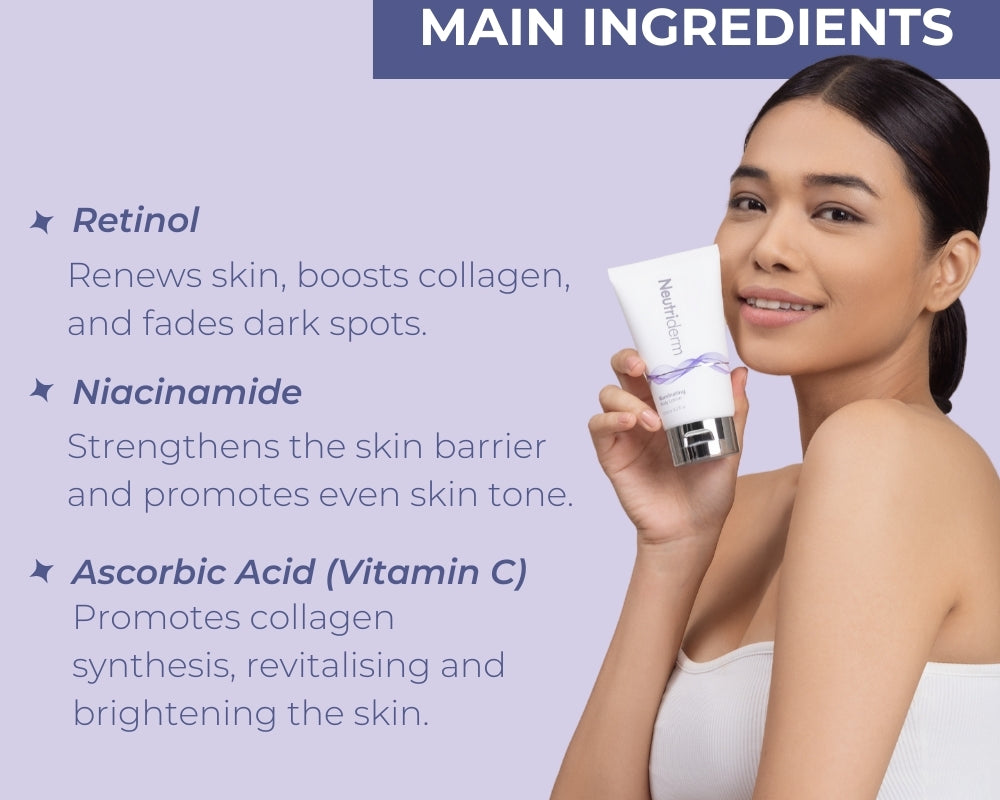 A woman holding the Neutriderm Illuminating Body Lotion, showcasing the key ingredients: Retinol, Niacinamide, and Ascorbic Acid (Vitamin C), which support skin renewal, even skin tone, and brightness. 