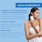 A woman holding the Ultimate Hydrating Cream, emphasizing key ingredients like Disodium Lauriminodipropionate Tocopheryl Phosphate (Vitamin E) for anti-ageing, Titanium Dioxide for brightening, and Rice Powder for enhancing skin texture. 