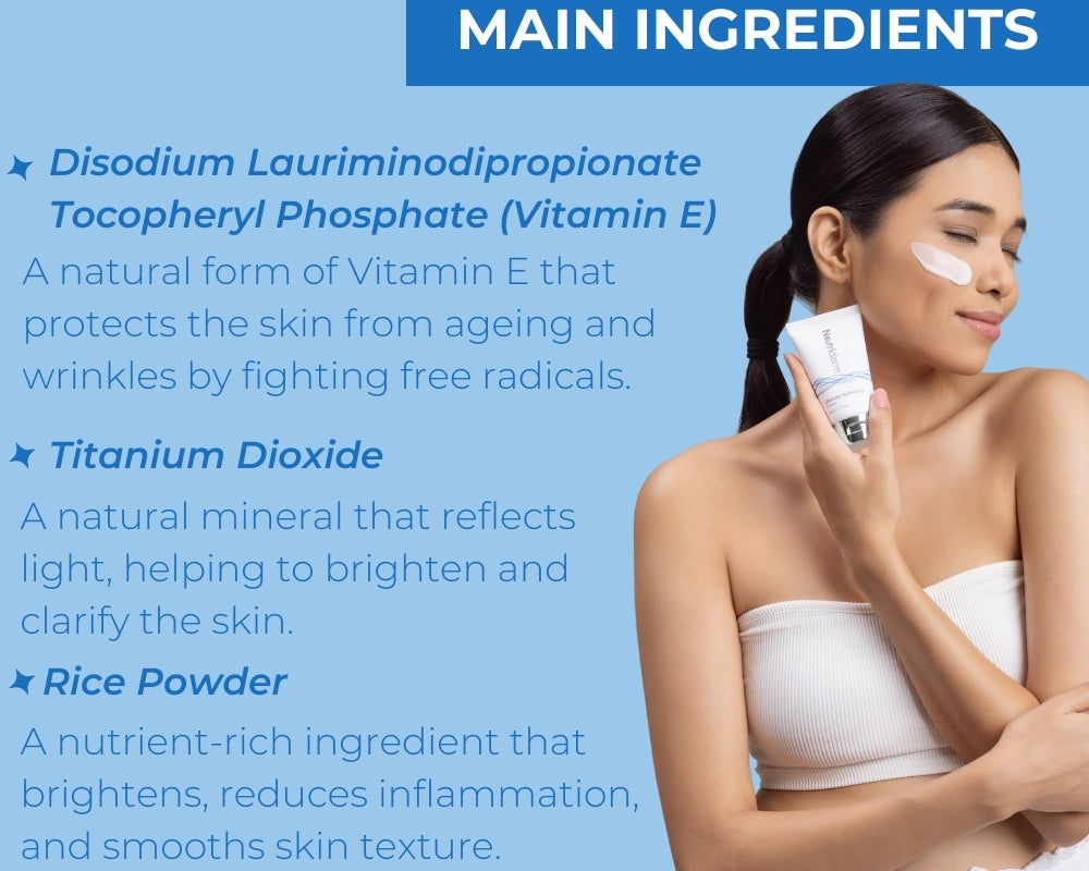 A woman holding the Ultimate Hydrating Cream, emphasizing key ingredients like Disodium Lauriminodipropionate Tocopheryl Phosphate (Vitamin E) for anti-ageing, Titanium Dioxide for brightening, and Rice Powder for enhancing skin texture. 