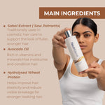 Woman holding a Neutriderm Hair Enhancer Conditioner with listed main ingredients on a beige background