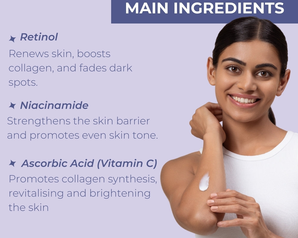 Neutriderm Brightening Body Lotion with main ingredients highlighted: Retinol, Niacinamide, and Ascorbic Acid (Vitamin C). 