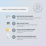 Neutriderm 25th Anniversary Bundle usage instructions with icons and text on a light blue background