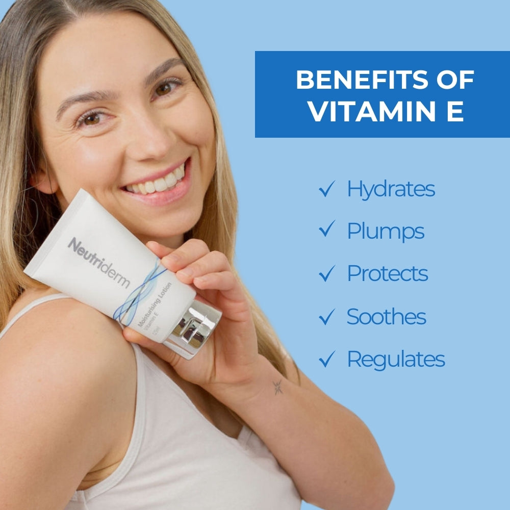 Benefits of Vitamin E in Neutriderm Moisturising Lotion: Hydrates, Plumps, Protects, Soothes, and Regulates the skin. 