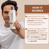 Neutriderm Hair Enhancer Shampoo explaining how Saw Palmetto prevents hair loss and the formula nourishes hair with Panthenol and Vitamin E. 